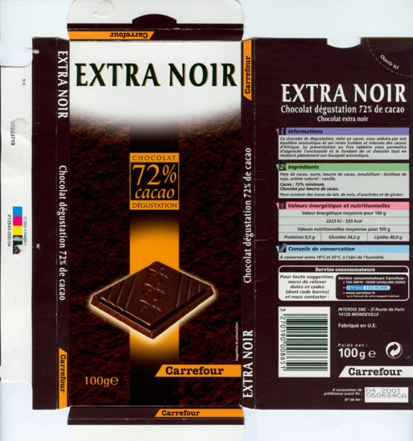 Extra noir 72% cacao, Chocolat degustation, 100g, 04.2006, Carrefour Levellois Cedex, Interdis SNC, Mondeville, France