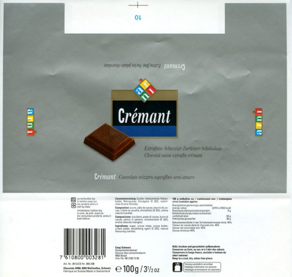 Cremant, extra-fine swiss plain chocolate, 100g, Chocolats Arni, Wallisellen, Switzerland