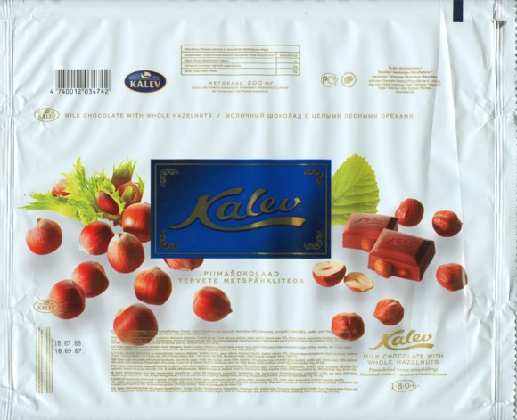 Kalev, milk chocolate with whole hazelnuts, 200g, 10.09.2007, AS Kalev Chocolate Factory, Lehmja, Estonia