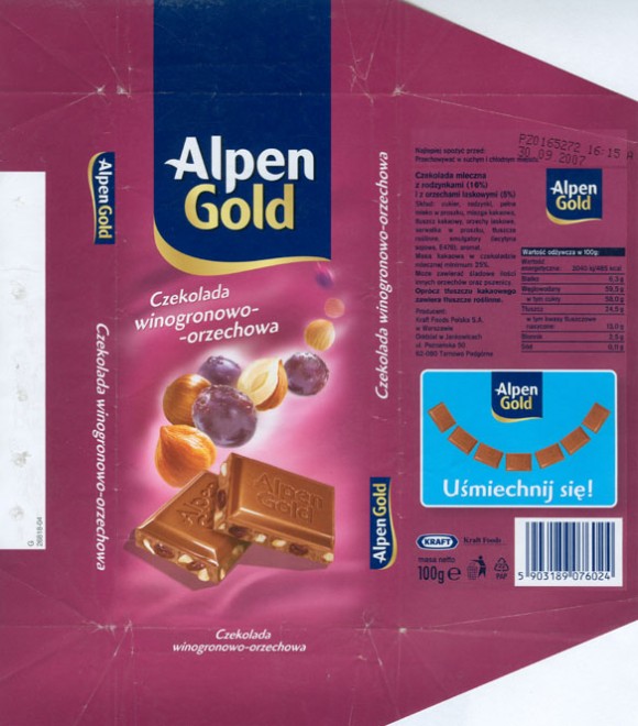 Alpen Gold, milk chocolate with raisins and nuts, 100g, 30.09.2006, Kraft Foods Polska S.A, Jankowice, Tarnowo Podgorne, Poland