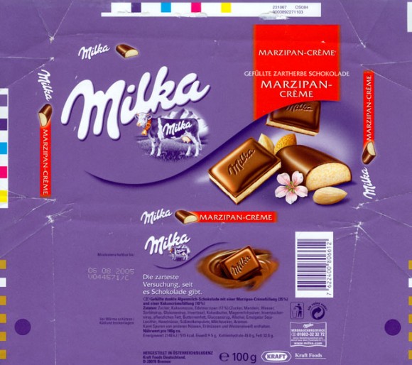Milka, milk chocolate with marzipan creme, 100g, 06.08.2004, Kraft Foods Germany, Milka, Bremen, Germany