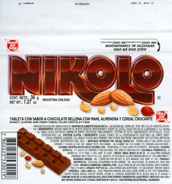 Nikolo, milk chocolate with peanut, almond and crispy cereal filling, 36g, 1990, Industria de Alimentos Dos En Uno S.A., Santiago, Chile