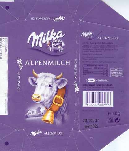 Milk chocolate ,40g, 28.03.2006, Kraft Foods Germany, Milka, Bremen, Germany