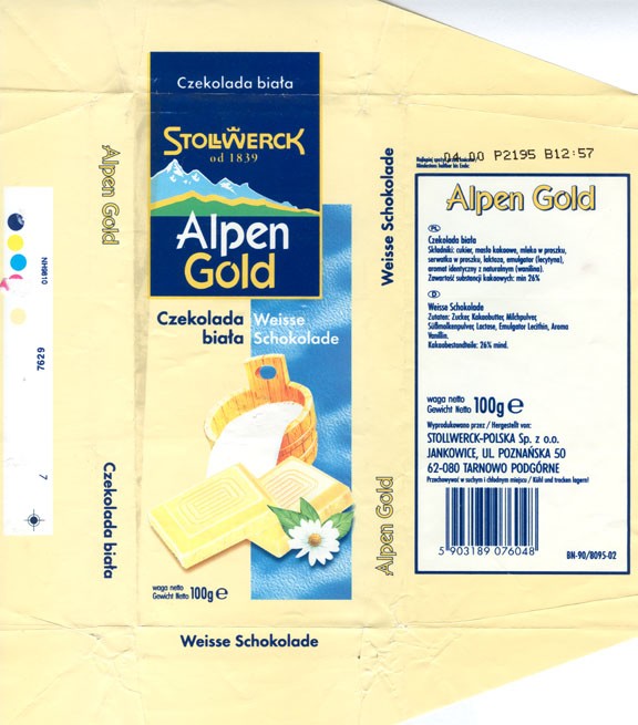 Alpen Gold, white chocolate, 100g, 04.1999, Stollwerck-Polska Sp. z o.o., Jankowice, Tarnowo Podgorne, Poland