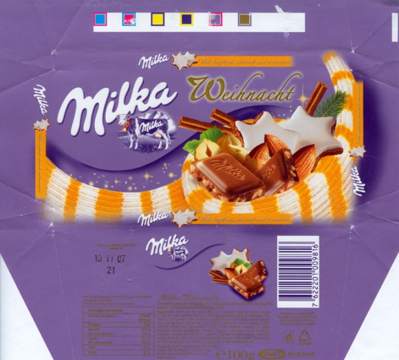 Milka Weihnacht, milk chocolate with hazelnuts, almonds, einnamon, 100g, 13.11.2006, Kraft Foods Romania S.A., Brasov, Romania