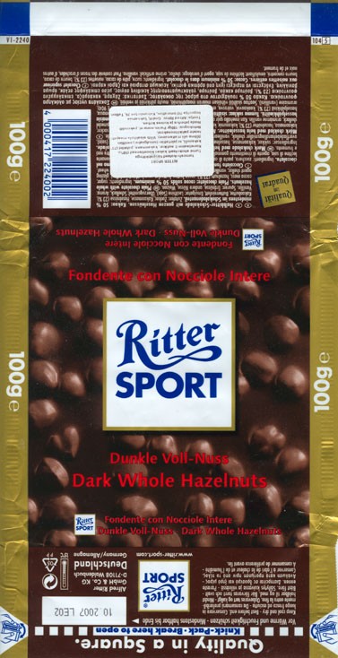 Ritter sport, dark chocolate with whole hazelnuts, 100g, 10.2006, Alfred Ritter GmbH & Co. Waldenbuch, Germany