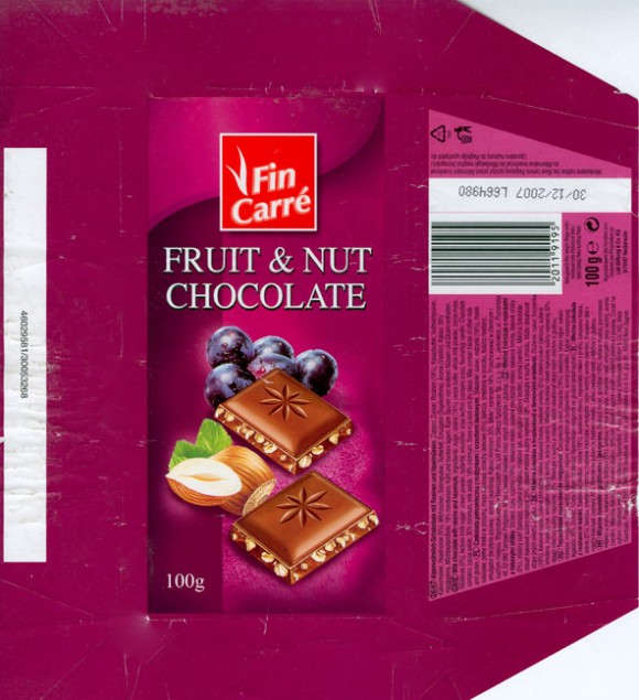 Fin Carre, milk chocoalte with raisins and hazelnuts, 100g, 30.12.2006, Lidl Stiftung&Co.KG, D-74167 Neckarsulm, Germany