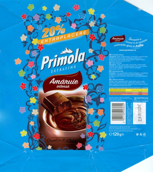 Primola, Amaruie intensa, dark chocolate, 120g, 02.04.2005, Supreme chocolat S.R.L, Bucharest, Romania