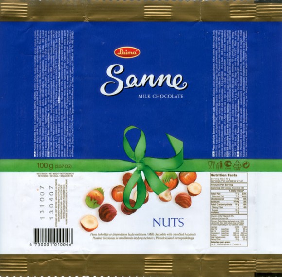 Sanne, milk chocolate with crumbled hazelnuts, 100g, 13.04.2007, Laima, Riga, Latvia