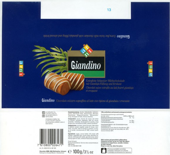 Giandino, extra-fine swiss milk chocolate with gianduja filling and almond brittle, 100g, Chocolats Arni, Wallisellen, Switzerland