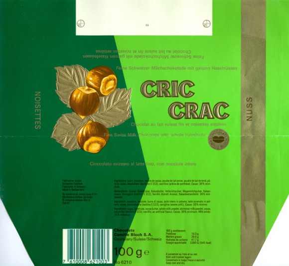 Cric Crac, fine swiss milk chocolate with whole hazelnuts, 100g, about 1980, Chocolats Camille Bloch S.A., Courtelary, Switzerland