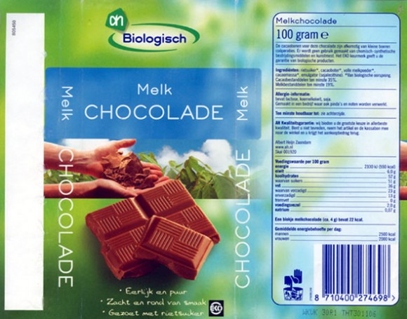Biologisch, milk chocolate, 100g, 30.11.2006, Albert Heijn, Zaandam, Netherlands