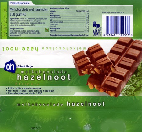 Milk chocolate with hazelnuts, 100g, 08.03.2006, Albert Heijn, Zaandam, Netherlands