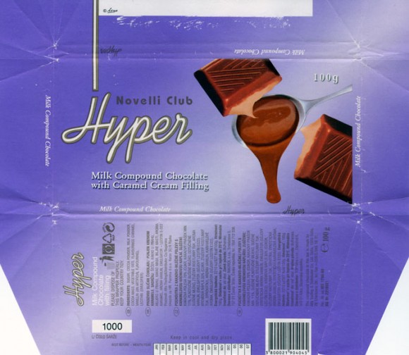 Novelli club, Hyper, milk compound chocolate with caramel cream filling, 100g, 02.2004,  
Alfa Trading & Distributor Co. Ltd. Sofia, Bulgaria
