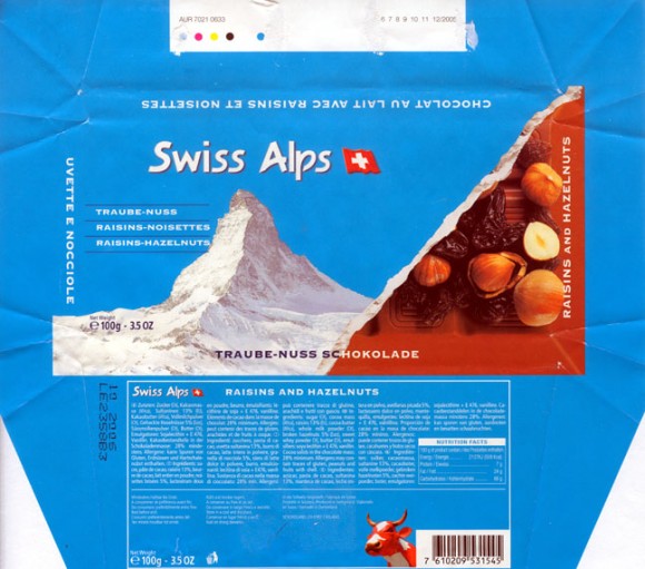 Swiss Alps, milk chocolate with hazelnuts and raisins, 100g, 10.2005, Chocolat Alprose SA, Caslano-Lugano, Switzerland