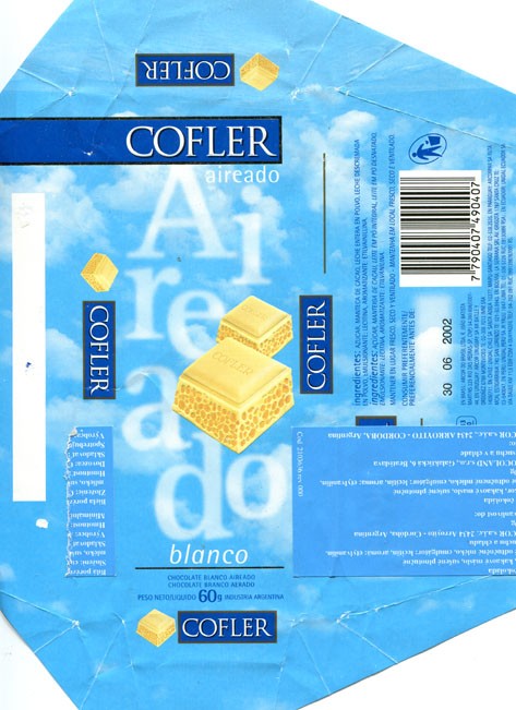 Cofler blanco aireado, white air chocolate, 60g, 30.06.2001, Arcor S.A.I.C, Arroyito, Argentina