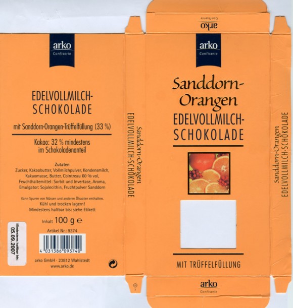Milk chocolate with orange filling, 100g, 05.09.2006, Arko Gmbh, Wahlstedt, Germany