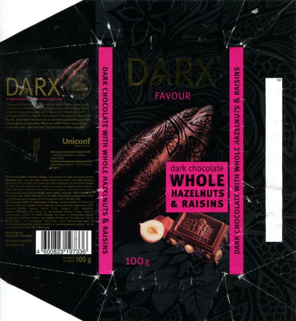 Darx, Dark chocolate with crushed hazelnuts and raisins, 100g, 18.04.2012, Babaevsky Confectionary Concern OAO, Moscow, Russia