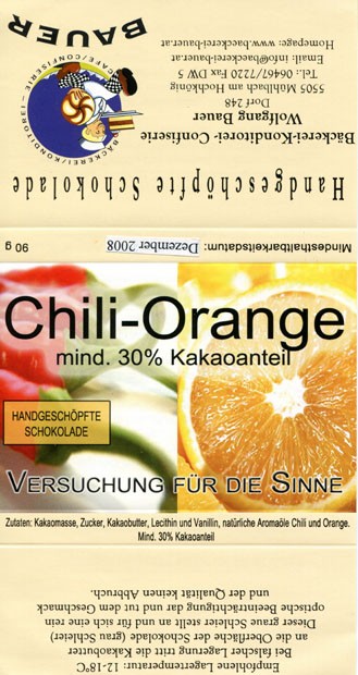 Chili orange chocolate, 90g, 12.2008, Backerei-Konditorei- Confiserie Wolfgang Bauer, Muhlbach am Hochkonig, Austria