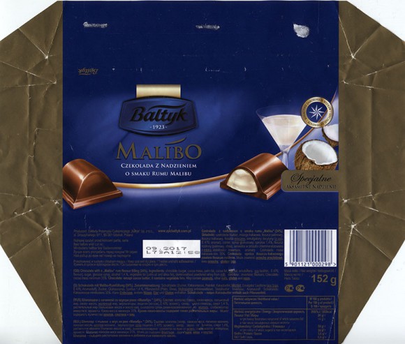 Chocolate with a Malibu rum flavour filling, 152g, 09.2016, Baltyk ZPC, Gdansk, Poland