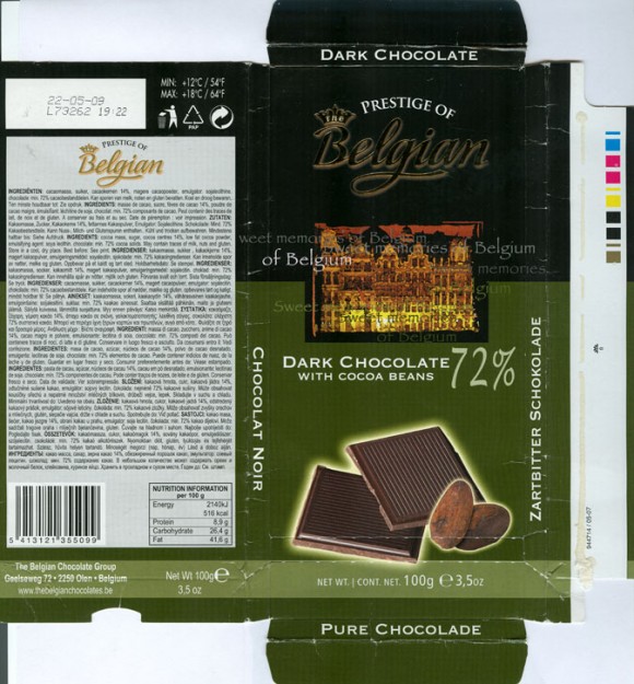 Prestige of Belgian, dark chocolate, 72% cocoa,  100g, 22.05.2008, Belgian Chocolate Group, Olen, Belgium