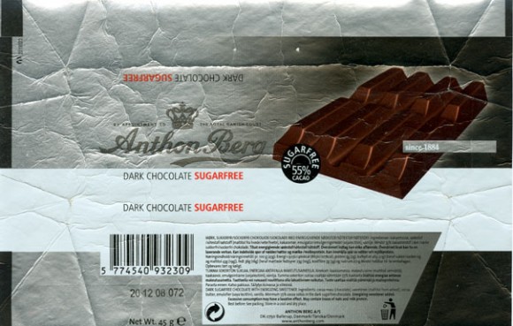 Dark chocolate sugarfree, 45g, 20.12.2007, Anthon Berg LTD, Ballerup, Denmark
