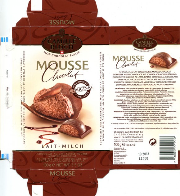 Mousse chocolate, swiss milk chocolate with chocolate mousse filling, 100g, 10.2012, Chocolats Camille Bloch S.A., Courtelary, Switzerland