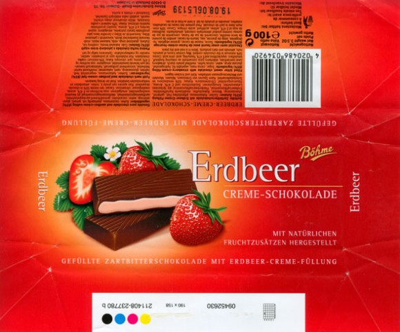 Filled bitter sweet chocolate with strawberry-cream filling, 100g, 19.08.2005, Bohme Schokoladen GmbH, Germany