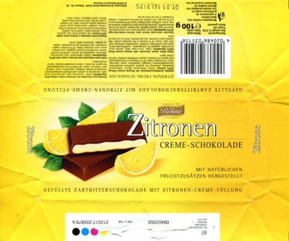 Filled bitter sweet chocolate with lemons-cream-filing, 100g, 01.01.2013, Bohme Schokoladen GmbH, Germany