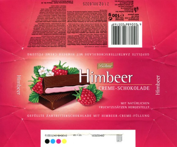 Filled bitter sweet chocolate with raspberry-cream-filing, 100g, 21.02.2007, Bohme Schokoladen GmbH, Germany