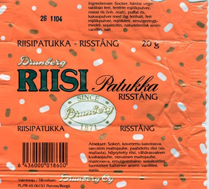 Riisi patukka, milk chocolate with cornflakes, 20g, 26.11.2003
Brunberg Oy, Porvoo, Finland