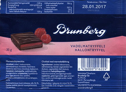 Milk chocolate with raspberry marmelade filling, 35g, 28.01.2016, Brunberg Oy, Porvoo, Finland