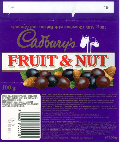 Fruit&Nut, milk chocolate with raisins and almonds, 100g, 02.01.1996, Cadbury\