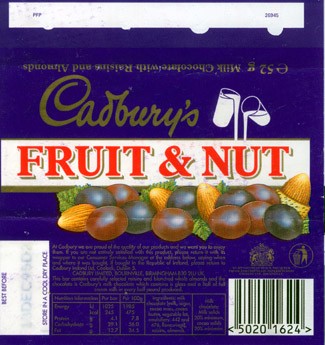 Fruit&Nut, milk chocolate with raisins and almonds, 52g, 13.12.1994, Cadbury\