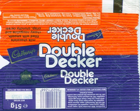 Double Decker, milk chocolate filled with smoth, chewy nougatine and crisp, crunchy cereal, 51g, 09.1992, Cadbury\