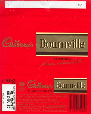 Bournville, plain chocolate, 50g, 28.08.1998, Cadbury Limited, Birmingham, United Kingdom