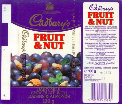 Dairy milk chocolate with raisins and almonds, 100g, 20.05.1987, Cadbury Limited, Birmingham, United Kingdom
