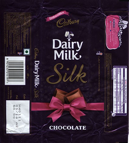 Cadbury dairy milk silk, milk chocolate, 65g, 01.2014, Cadbury India LTD, Bumbai, India