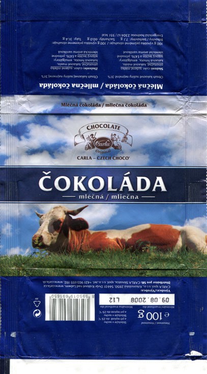 Milk chocolate, 100g, 09.08.2007, CARLA spol. s.r.o., Dvur Kralove nad Labem, Czech Republic 