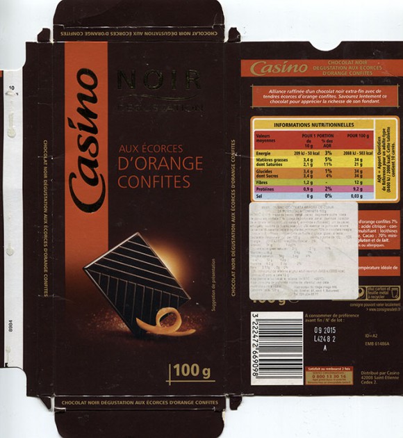 Noir Degustation, dark chocolate with orange, 100g, 09.2014, Casino, Saint-Etienne Cedex 2, France