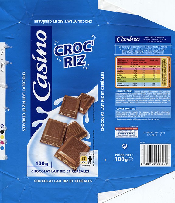 Milk chocolate with rice and cereals, 100g, 02.2014, Casino, Saint-Etienne Cedex 2, France