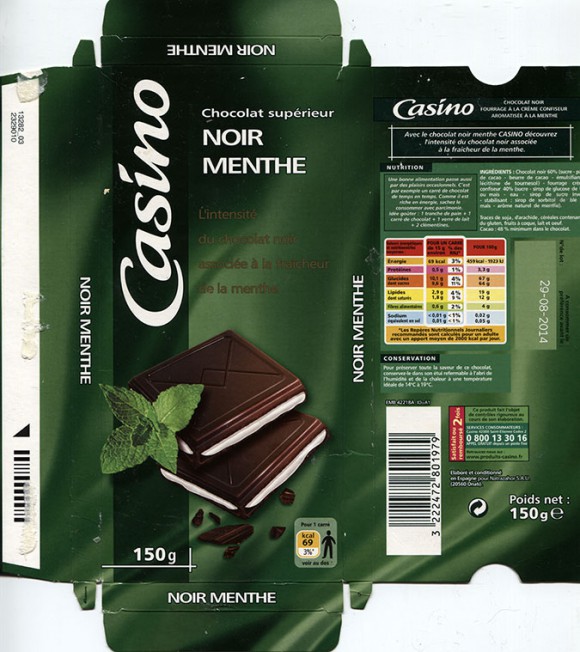 Dark chocolate with mint, 150g, 29.08.2013, Casino, Saint-Etienne Cedex 2, France