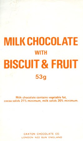 Milk chocolate with biscuit and fruit, 53g, 1980, Caxton chocolate CO., London, England