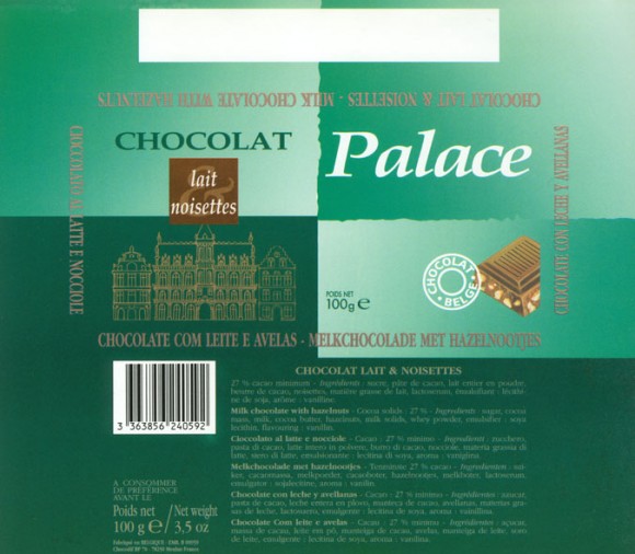 Palace, milk chocolate with hazelnuts, 100g, Made in Belgium for Chocodif BP, Meulan France 
