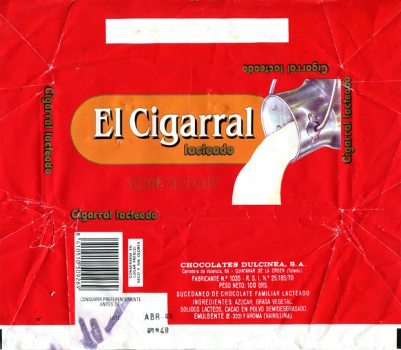 El Cigarral lacteado, milk chocoalte, 100g, 1992, Chocolates Dulcinea S.A., Quintanar de la Orden (Toledo), Spain