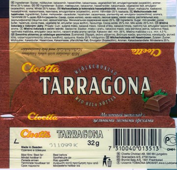 Tarragona, milk chocolate with whole hazelnuts, 32g, 01.10.1998
Cloetta choklad AB, Ljungsbro