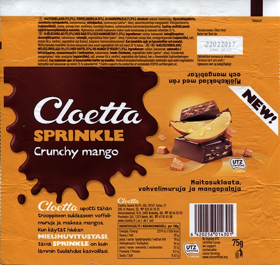 Cloetta sprinkle crunchy mango, 75g, 22.02.2016, Cloetta Suomi Oy, Turku, Finland