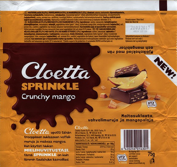 Cloetta sprinkle milk chocolate with wafers crumbs and mango pieces, 75g, 21.03.2016, Cloetta Suomi Oy, Turku, Finland