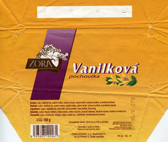 Zora, chocolate with vanilla, 100g, 07.1994, Cokoladovny a.s., Praha, Czech Republic