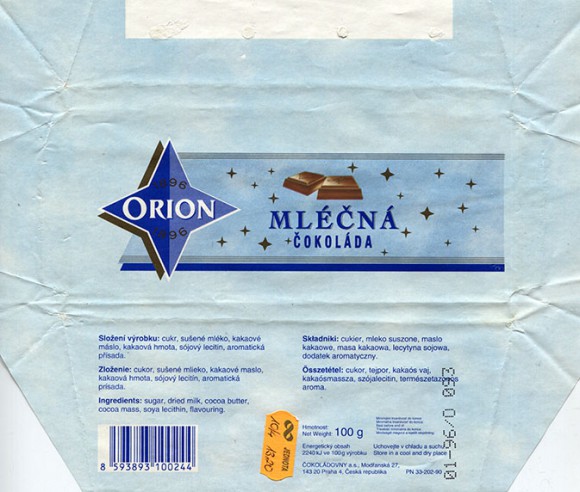 Orion, milk chocolate, 100g, 01.1995, Cokoladovny a.s., Praha, Czech Republic